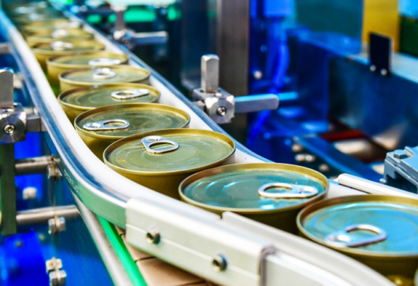 Canned food on a production line