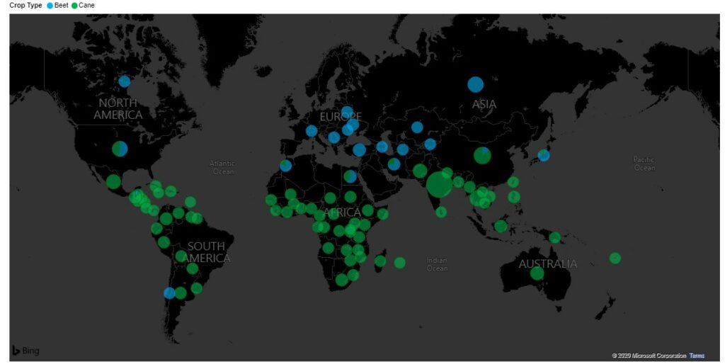 Map of the world showing areas of sugar production