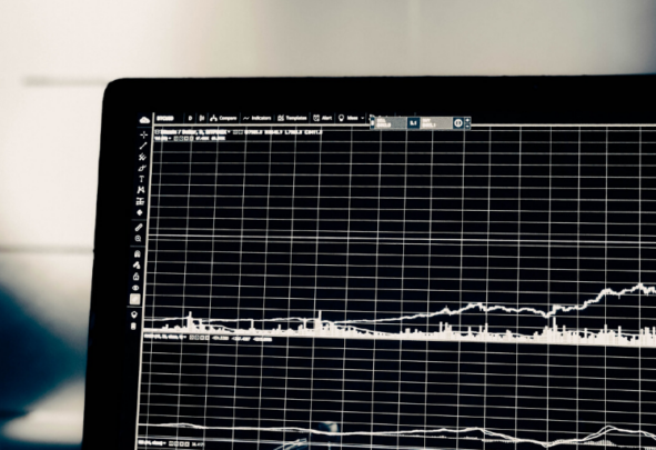 A laptop showing price fluctuations in monochrome