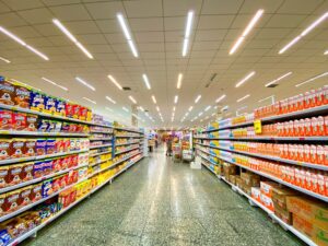 Supermarket/ grocery store aisle of foods containing additives