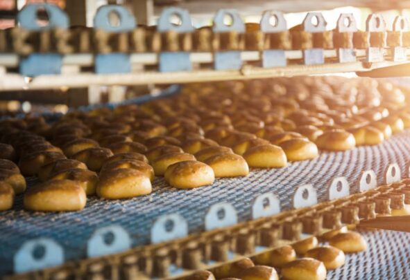 Three tiered conveyor belt of fresh, golden cakes