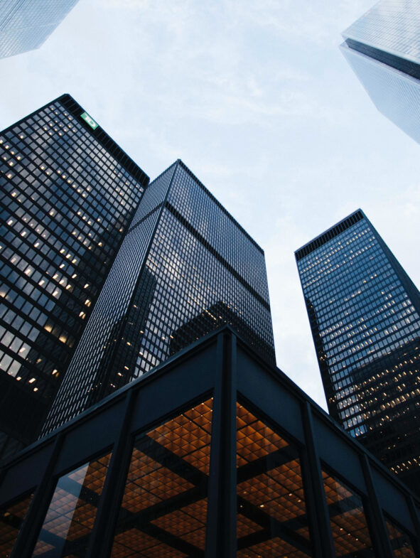 Skyline view of city high rise office buildings.